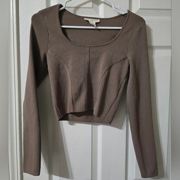 Happily Grey Stretchy Textured Knit Corset Style Long Sleeve Crop Sweater, EUC! - Picture 1 of 9